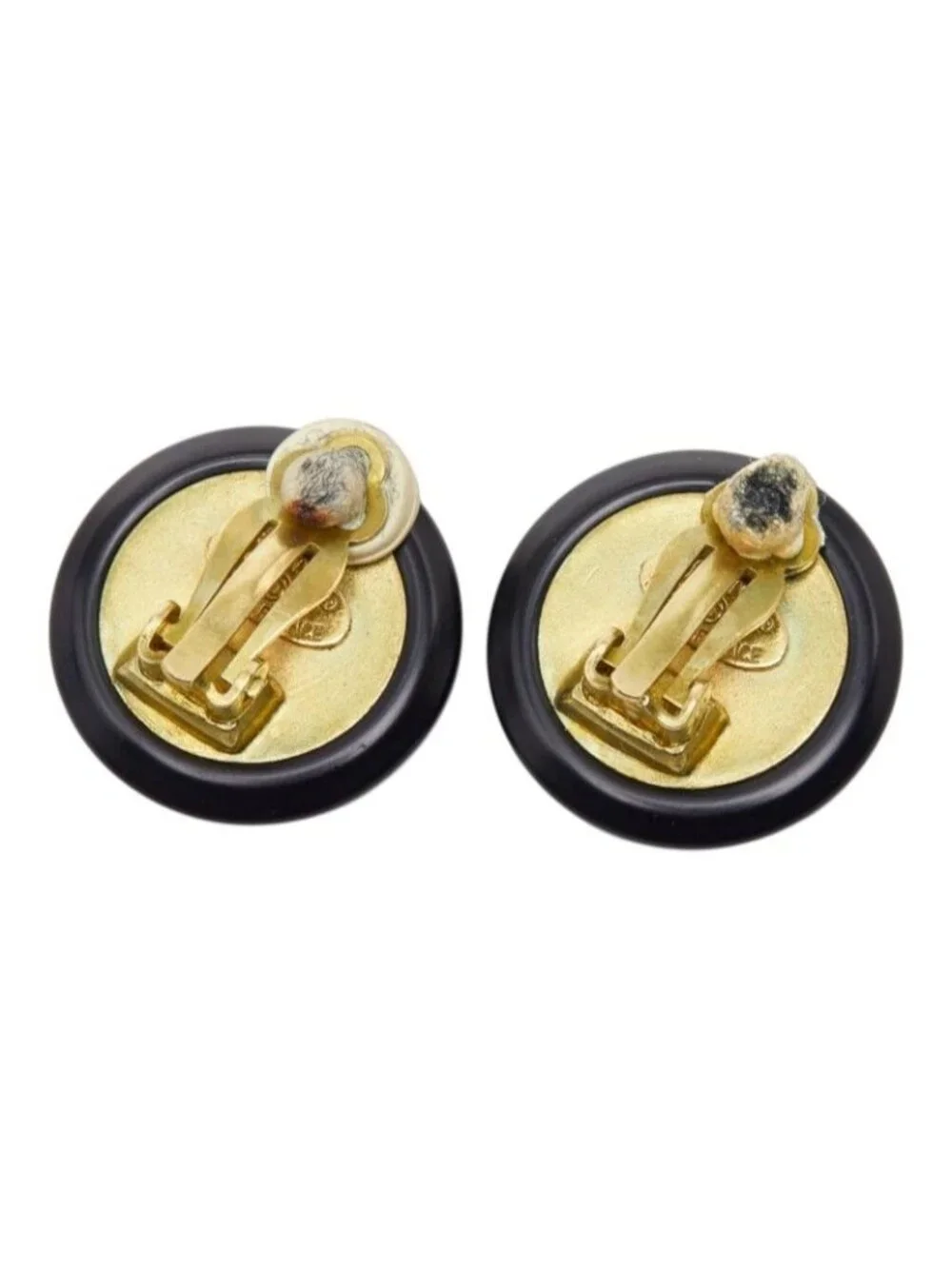 Chanel CC Logo Vintage Earrings 95P Black Gold Plated